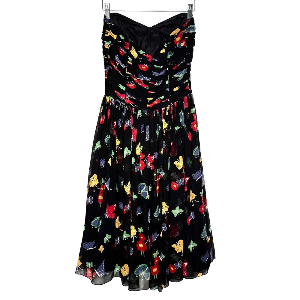 Anna Sui for Anthropologie Silk Butterfly Print Strapless Dress Black Multi 0 - Picture 3 of 8